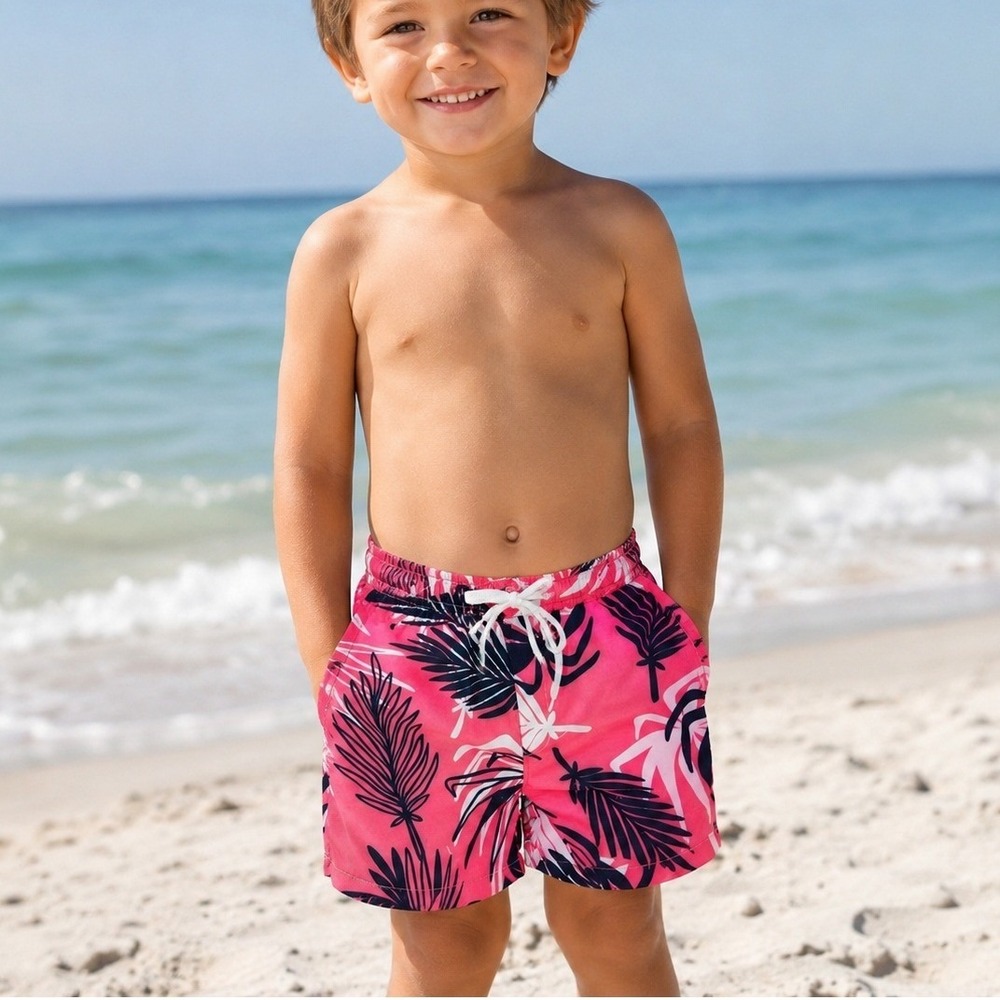 IFFEI Boys Pink Tropical Palm Leaf Swim Trunks Mesh Lining Size 4-5Y NWT